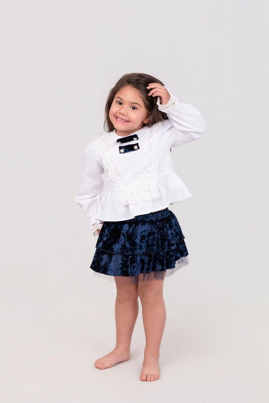 Velvet Tutu Skirt and Lace Blouse Set in Navy