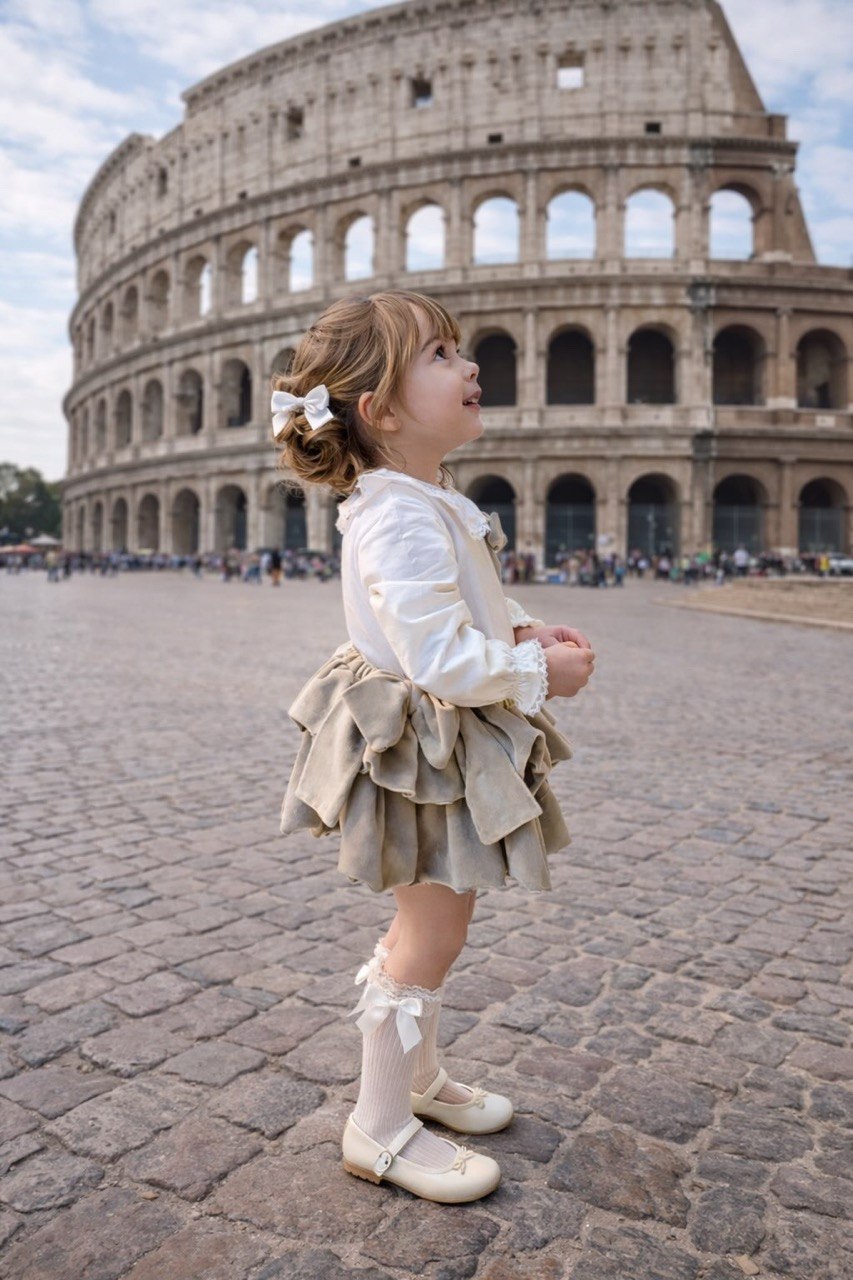 Beige Velvet Ruffle Skirt and Bow Blouse Set
