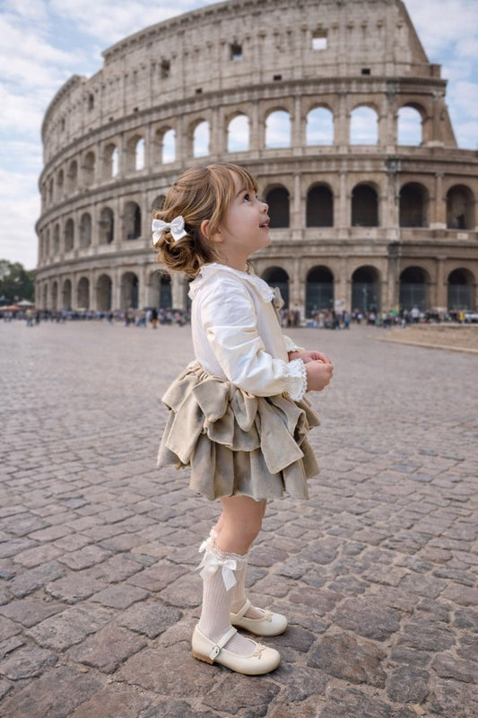 Beige Velvet Ruffle Skirt and Bow Blouse Set