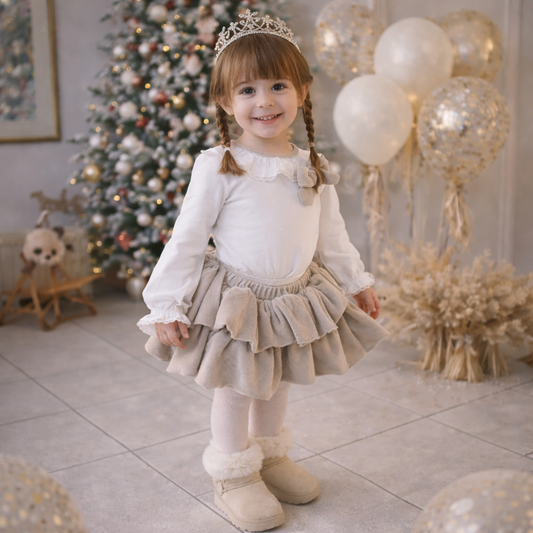 Beige Velvet Ruffle Skirt and Bow Blouse Set