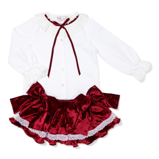Blouse and Bloomer Skirt Wine Red Set with Lace Details