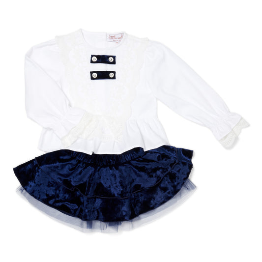 Velvet Tutu Skirt and Lace Blouse Set in Navy