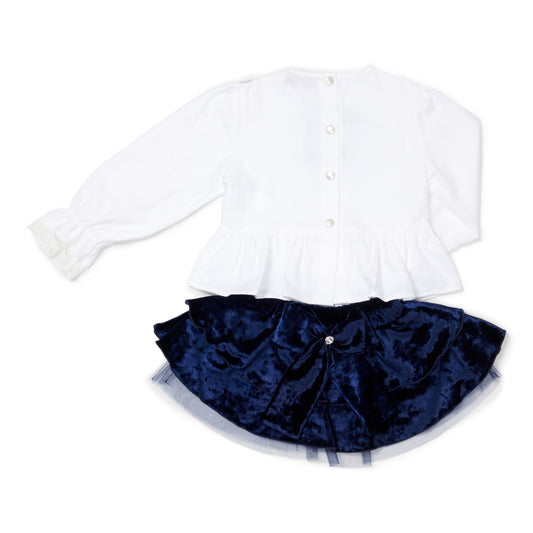 Velvet Tutu Skirt and Lace Blouse Set in Navy