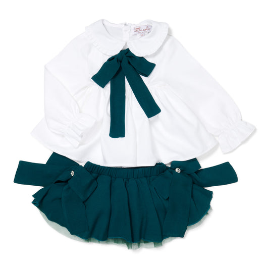 Emerald Tutu Skirt with Bows and Cotton Blouse Set