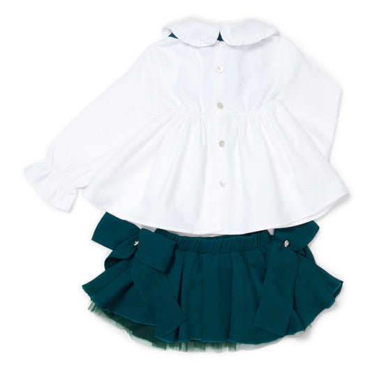 Emerald Tutu Skirt with Bows and Cotton Blouse Set