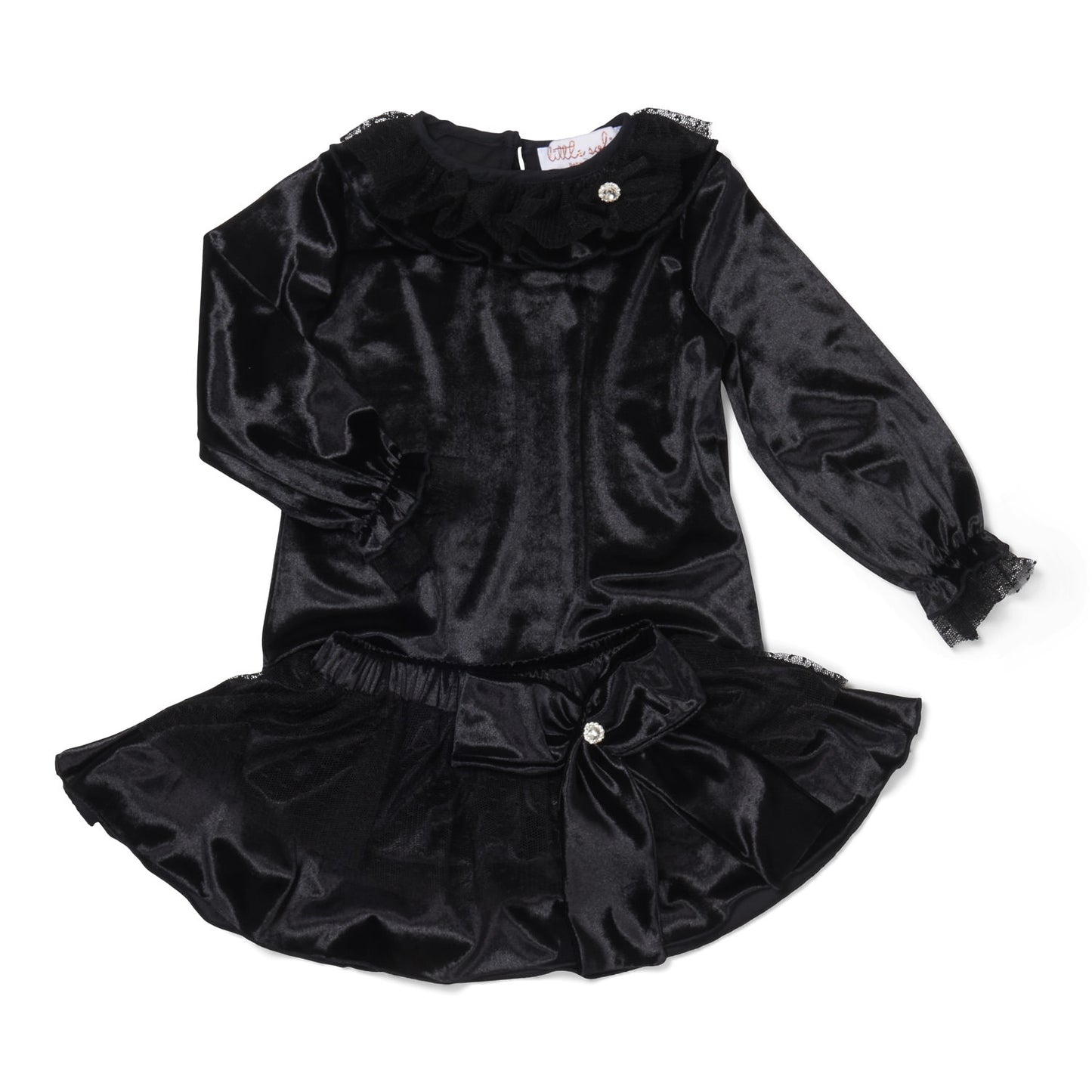 Black Velvet Ruffle Blouse & Tulle-Lined Skirt Set
