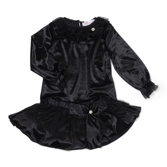 Black Velvet Ruffle Blouse & Tulle-Lined Skirt Set