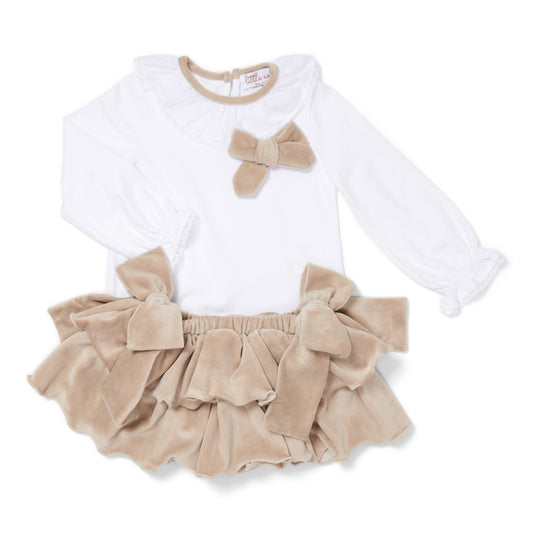 Beige Velvet Ruffle Skirt and Bow Blouse Set