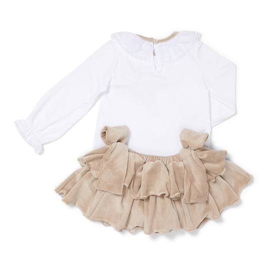 Beige Velvet Ruffle Skirt and Bow Blouse Set